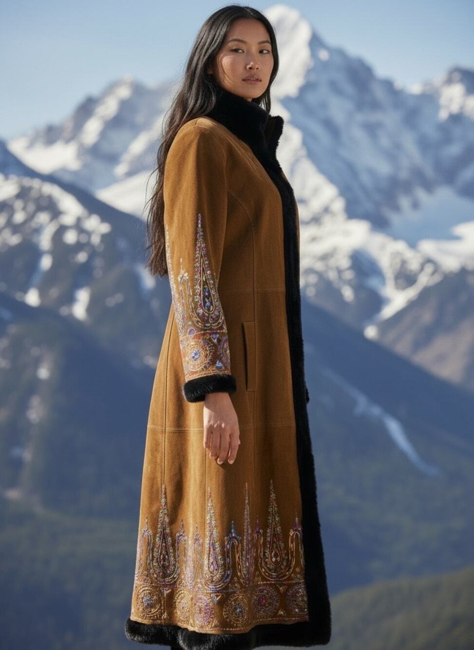 Vtg Margaret Godfrey suede Penny Lane maxi coat. Embroidery. Faux fur Size 12